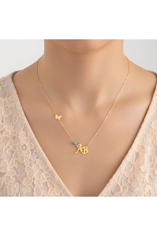 Kelebekli Çapraz Harf Kolye-rose Pembe