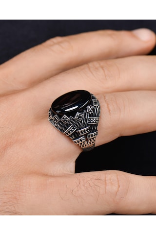 Prestij Gümüş Oniks Taşlı 925 Ayar Zirkon Taş Süslemeli 20082 Gümüş Erkek Yüzüğü