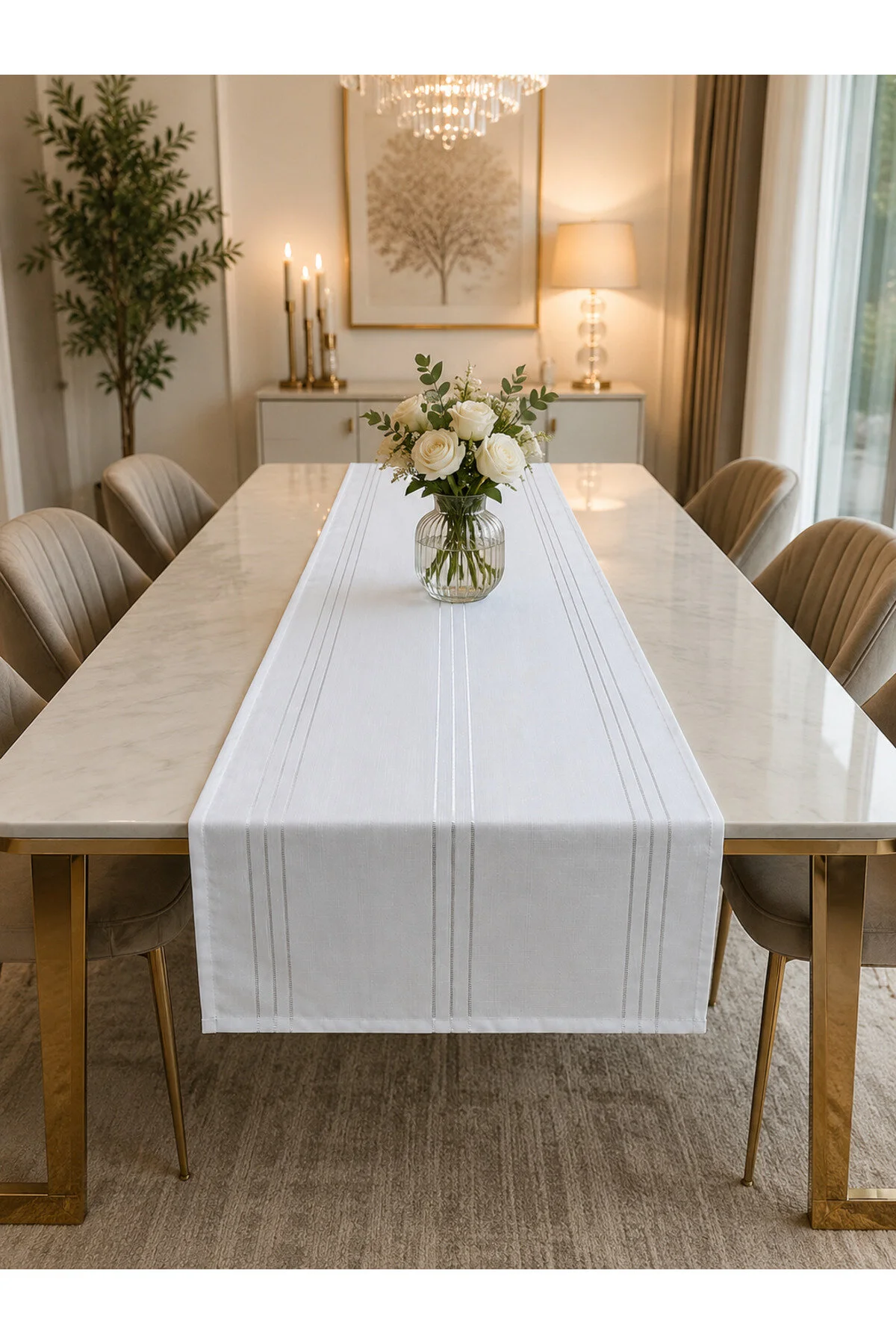 %100 Polyester Dertsiz Leke Tutmaz Şerit Desenli Runner Masa Örtüsü 53x200 Cm Beyaz