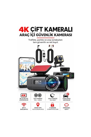 4k Ultra Hd Araç Kamerası Çift Lens Ön Arka Wi-fi Gps Park Modu Gece Görüşlü G-sensörlü Araç İçi Güvenlik Kamerası