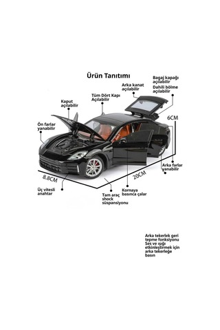 Işıklı Sesli Pilli 1:24 Metal Porsche Panamera Turbo Kapısı Kaputu Ve Bagajı Açılabilir Model Araba Siyah