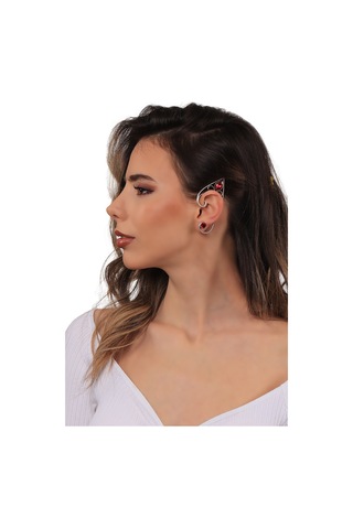 Kadın Antik Gümüş Kaplama Çivili Model Kırmızı Kristal Kesme Taşlı Ear Cuff Sol Kulak Küpe Çok Renkli