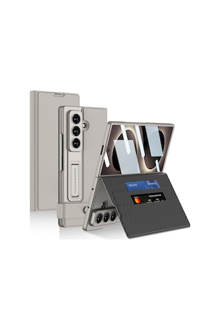 Teleplus Samsung Galaxy Uyumlu Z Fold 8 Ultra Kılıf Suni Deri Tasarımlı Kıpta Kartlıklı Standlı Kapak