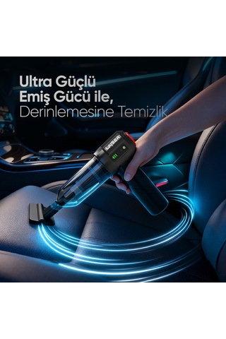 Laiser Mini, Katlanabilir Led Ekranlı 17.000 Pa 3ın1 Çekme-vakum-üfleme Özellikli Şarjlı Araç Süpürgesi Siyah