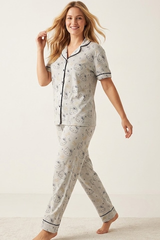 Siyah İnci Hello Kitty Lisanslı %100 Pamuk Pembe Çok Renkli Düğmeli Biyeli Pijama Takım 26120451 Gri Lacivert