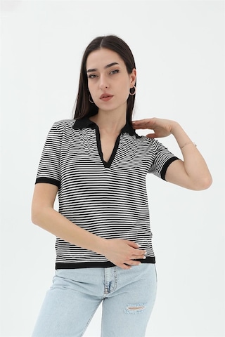 İnce Çizgili Polo Yaka Triko Kazak - Siyah - Kadın