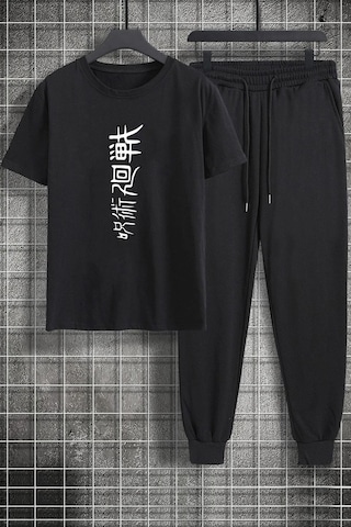 Uyguntarz Unisex Jujutsu Kaisen Baskılı 2'li Eşofman Takımı Siyah