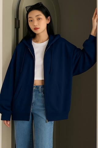 Cool Tarz Unisex Lacivert Fermuar Kapüşonlu Sweatshirt Lacivert Lacivert