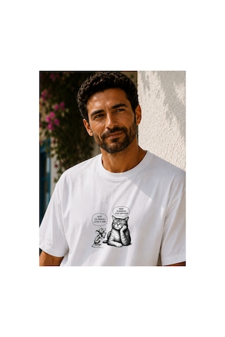Qmen Style Unisex Beyaz Oversize Baskılı T-shirt Espirili Kedi Baskılı %100 Pamuk