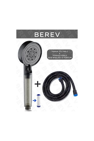 Berev Filtreli 5 Fonksiyonlu Yüksek Basınçlı Ayarlanabilir Duş Başlığı 150 Cm Siyah Hortum Siyah
