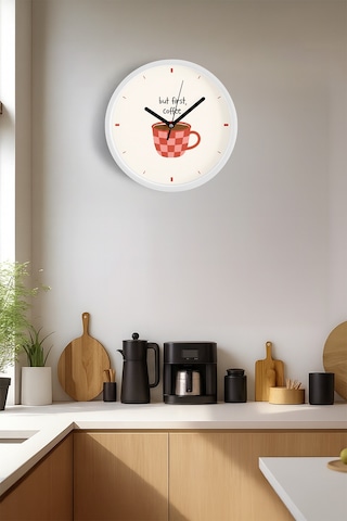 Modern Yazılı Tasarım - '' But First, Coffee '' Mutfak Duvar Saati - 42cm - Önü Camlı Beyaz Kasa Beyaz