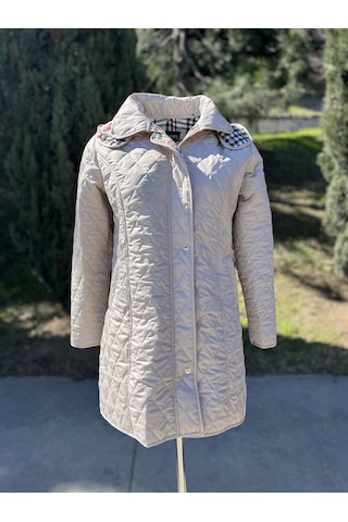 Kadın Ekose Mont Açık Bej 95cm Çok Renkli