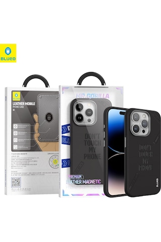 Blueo Apple Uyumlu iPhone 14 Pro Max Siyah Deri Punk Premium Telefon Kı