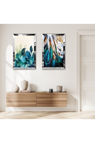 Gümüş Aynalı Pleksi Çerçeveli Su Yeşili Bitkiler Modern İkili Mdf Tablo Seti
