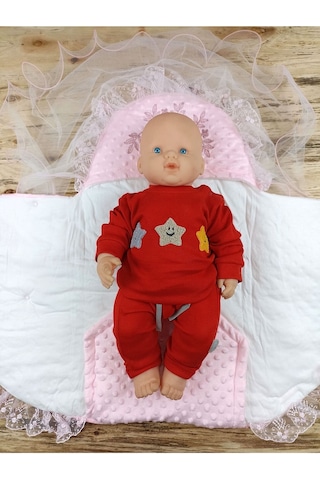 %100 Pamuk Yenidoğan Pembe Kız Bebek Kundağı - Dantelli & Duvaklı Bebek Battaniyesi Pembe