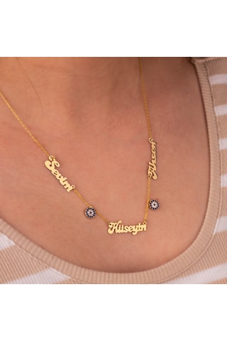 Işıklı Kutuda Kişiye Özel Nazarlı Üç İsimli Gümüş Kolye Gold