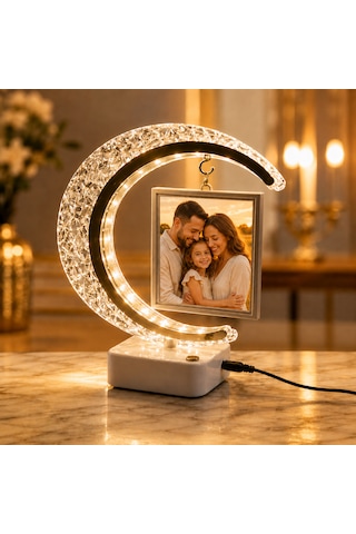 Kişiye Özel Fotoğraflı Kristal Hilal Led Masa Lambası Altın
