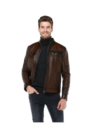 Dericlub Arthur Erkek Dik Yaka Slim Fit Gerçek Deri Mont Camel Antik