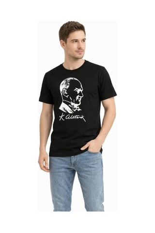 Hazego Erkek Atatürk Baskılı Tişört Kısa Kollu Bisiklet Yaka T-shirt - Siyah