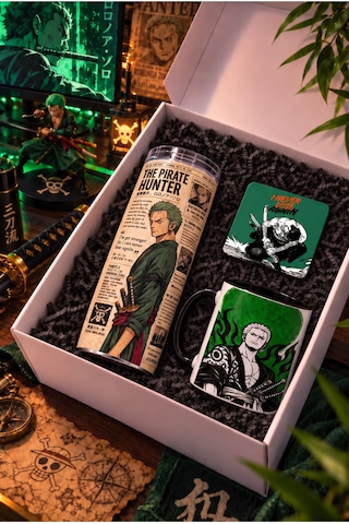 Anime Severlere Özel One Piece Zoro Desenli Hediye Seti Termos, Kupa, Bardak Altlığı 3'lü Hediye Paketi