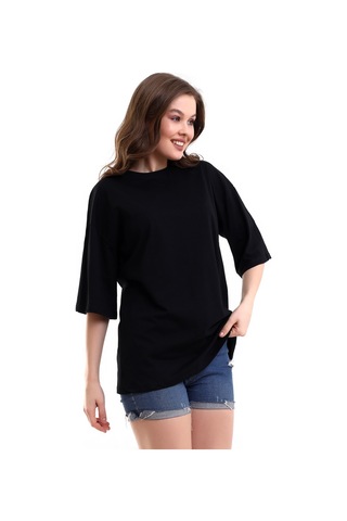 Winmoda34 Unisex Bisiklet Yaka Oversize Boyfriend T-shirt Siyah