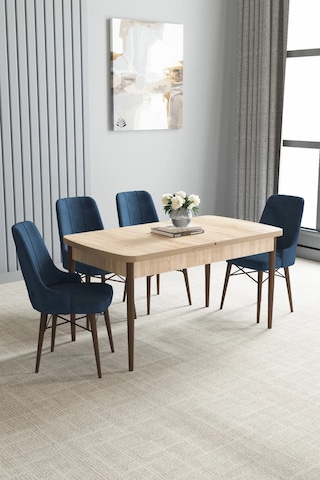 Zümra Serisi, Meşe Desen 80x132 Açılabilir Mdf Mutfak Masası Takımı 4 Adet Sandalye Lacivert