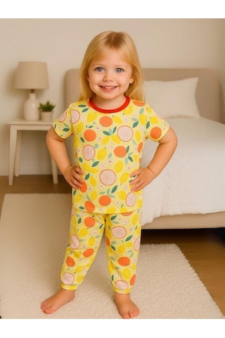 Kız Çocuk Pamuklu Meyve Desenli Kısa Kol Pijama Takımı-16027 Sarı