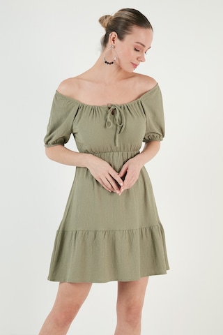 Lela Önü Büzgülü Balon Kollu Mini Bayan Elbise 5869005 Olive