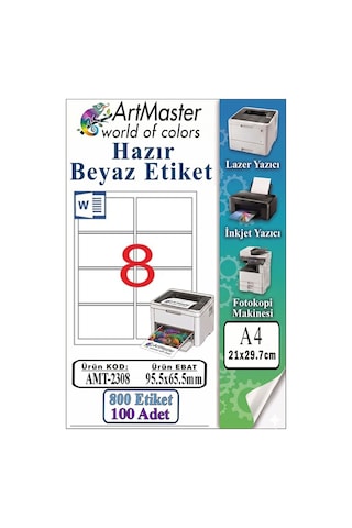 A4 Hazır Beyaz Etiket 95.5x65.5 Mm 8 Li 100 Sayfa 1 Paket Kendinden Yapışkanlı Fotokopi Lazer İnkjet Kağıdı Yazıcılar