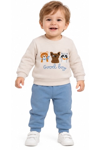 İrem Erkek Bebek Good Boy Yazılı Sevimli Hayvanlar Desenli Yakası Çıtçıt Kapamalı Mavi Renk Takım