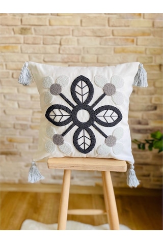 Swita Home Punch İşlemeli Tekli Dekoratif Özel Tasarım Kırlent Kılıfı Panç Antrasit - Beyaz