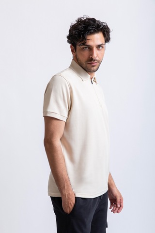Premium Polo Yaka Fermuarlı Tişört Krem