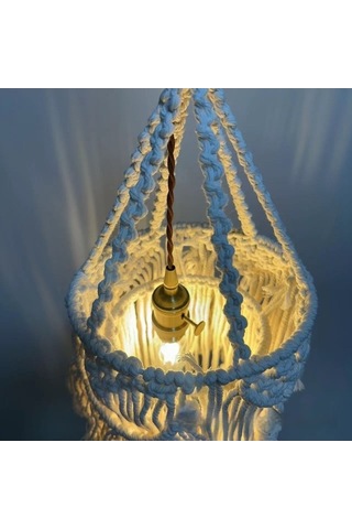 Maoyaya El Dokuması Etnik Püsküllü Abajur - Şık Ve Otantik Tarz Beyaz