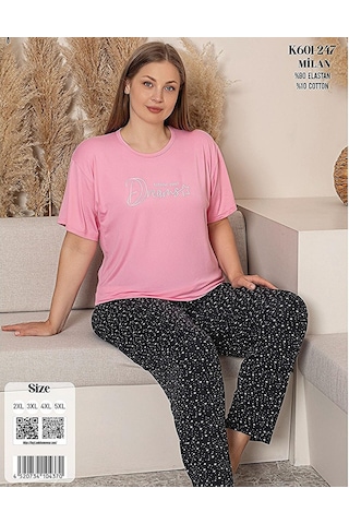 Charme Kadın Büyük Beden Bisiklet Yaka Milan Likralı Kısa Kol Pijama Takımı K601/247 - 1 Adet Pembe