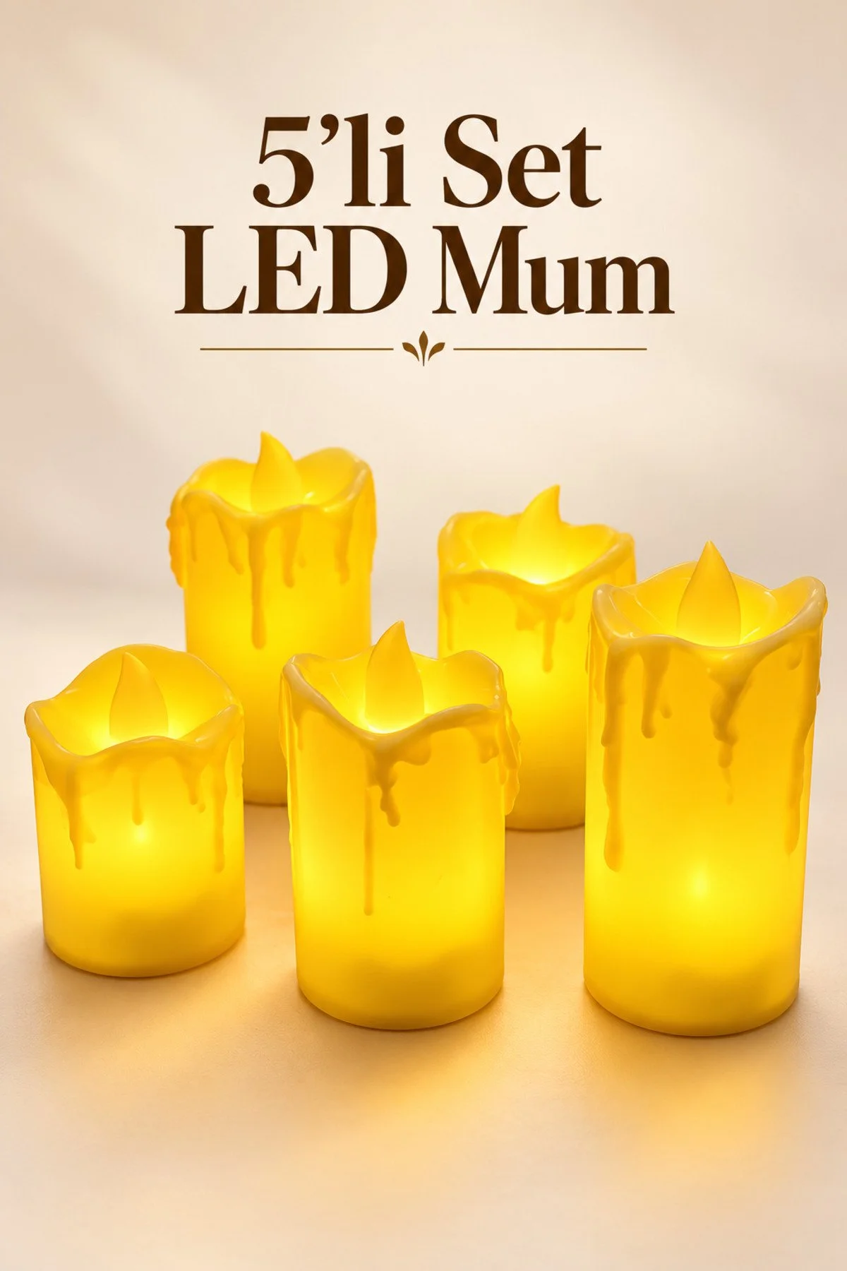 Erkugo 5 Li Led Mum Seti Pilli Altın Eriyen Mum Görünümlü Sıcak Sarı Alev Efektli Dekoratif Mum