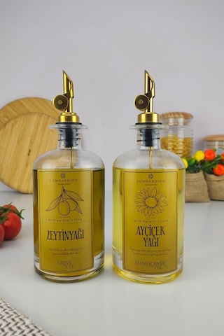 Digithome Lombardino 2'li Zeytinyağı Ve Sıvıyağ Şişesi Otomatik Kapaklı Gold Etiketli Yağdanlık 500 Ml