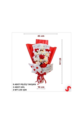 9 Beyaz Pelüş Tavşanlı Led Işıklı Kırmızı Buket, 65cm X 45cm