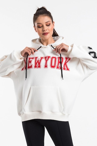 Caya Kadın Ekru Renk Baskı Detaylı Oversize Sweatshirt Cy84191 Beyaz Beyaz