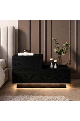 Kayra Kmd002 Led Işıklı Komodin 2 Çekmeceli Modern Tasarım Ahşap Siyah