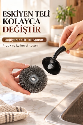 Porsima Bambu Saplı 2'li Bulaşık Ve Lavabo Temizlik Seti - Değiştirilebilir Paslanmaz Tel Bulaşık Fırçası & Çok Amaçlı Yıkama Fırçası Siyah