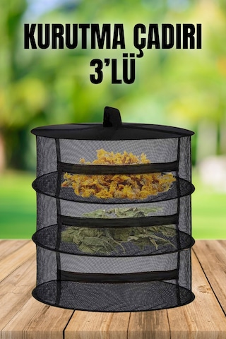 Tineke 3 Katlı Fermuarlı Meyve Sebze Kurutma Filesi Katlanabilir Doğal Kurutma Sepeti Siyah Siyah