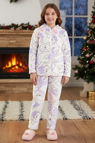 Kız Çocuk Kadife Polar Ayıcık Desen Pijama Takımı 240525 Ekru02 Ekru02