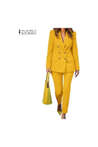 Zanzea Kadın Blazer Ve Pantolon Rahat İki Parça Takım Elbise Seti Koyu Mavi