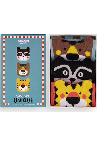 Denokids Hayvanlar Erkek Çocuk 3'lü Kutulu Çorap Renkli