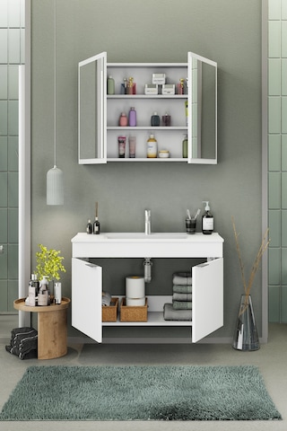 Biani Fix Loft 100 Cm Banyo Dolabı,Seramik Lavabolu, Aynalı,Lavabo Dahil,Mdf,Mat Beyaz
