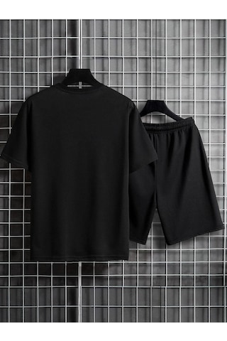 Newyork Çizgi T-shirt Şort - Siyah Alt Üst Kombin Şort Tişört Takım Baskılı Oversize Bisiklet Yaka Siyah