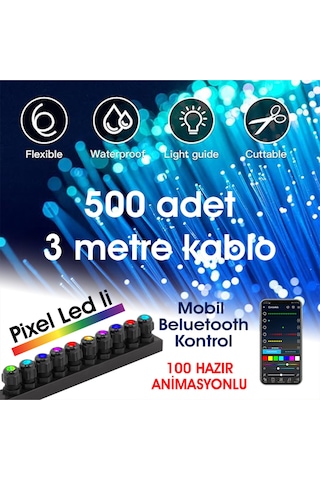 Fiber Optik Şelale, Işık Perdesi, Yağmur Dekor, 500 Adet 3mt 0.75mm Kablo + Animasyonlu Işık Kaynağı Çok Renkli