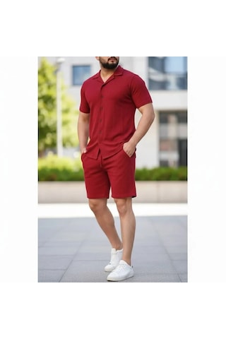 Epilons Zenda1125 Erkek Waffle Kumaş Kısa Kollu Gömlek Şort Takım Regular Fit Yazlık İkili Set - Bordo Zenda478