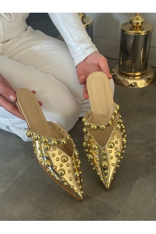 Erva'nın Butiği Gold Maria Gold Droplu Kadın Terlik-5912 Gold Rugan