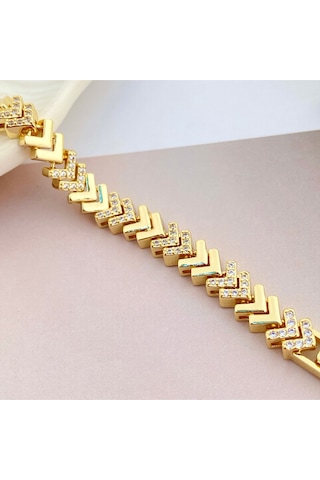 Kadın Bileklik V Model Bileklik Taşlı Vip Seri 14ayar Gold 19 Cm Gold